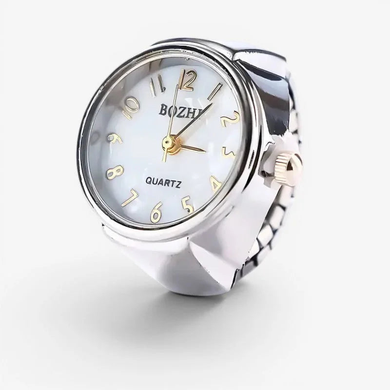 Luxury ring watch featuring silver and gold-toned bozhi quartz with white dial and metallic band hour markers