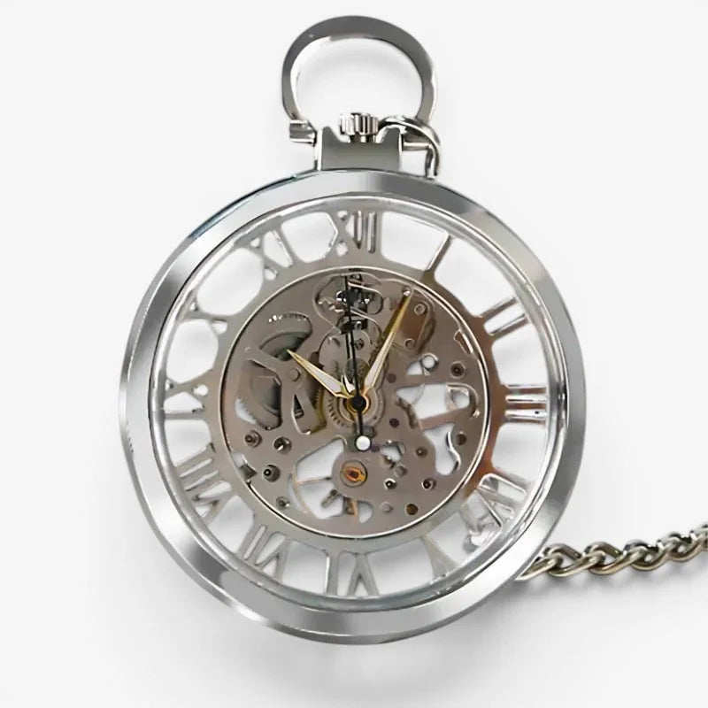Luxury silver skeleton pocket watch with roman numeral hour markers and visible internal gears