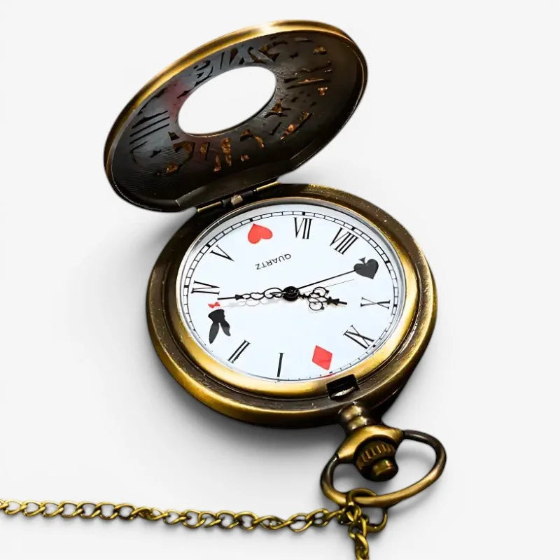 Antique brass pocket watch with white face featuring playing card symbols and roman numerals magic pocket watch