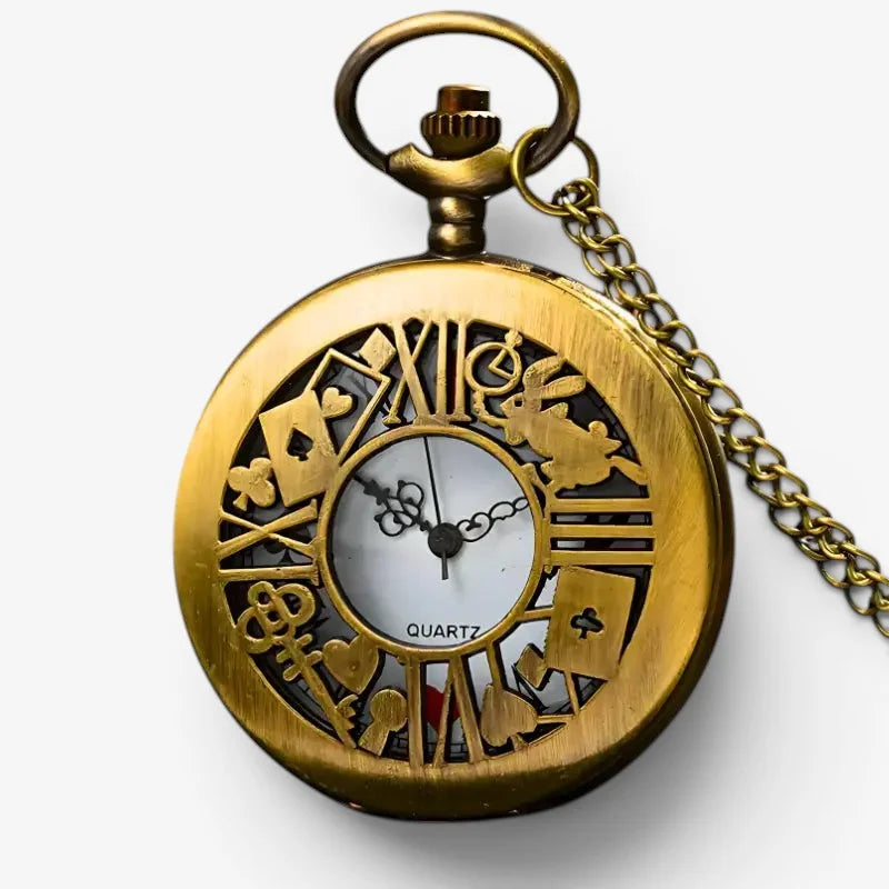 Antique gold-toned magic pocket watch with intricate cut-out playing card and rabbit designs on quartz dial