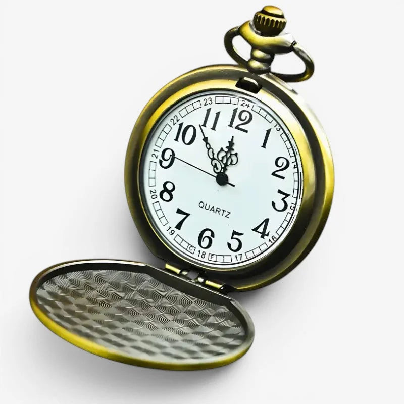 Mandala pocket watch antique brass finish with white dial black arabic numerals and ornate hands visible