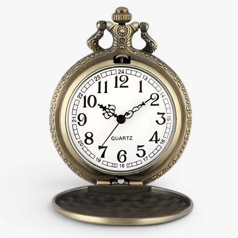 Antique brass-finished masonic pocket watch with white dial black arabic numerals and ornate engraved case