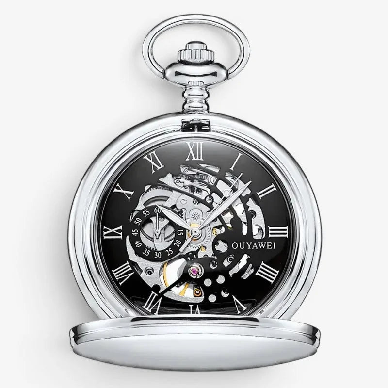Mechanical skeleton pocket watch with silver case black face roman numerals and visible gears for timekeeping