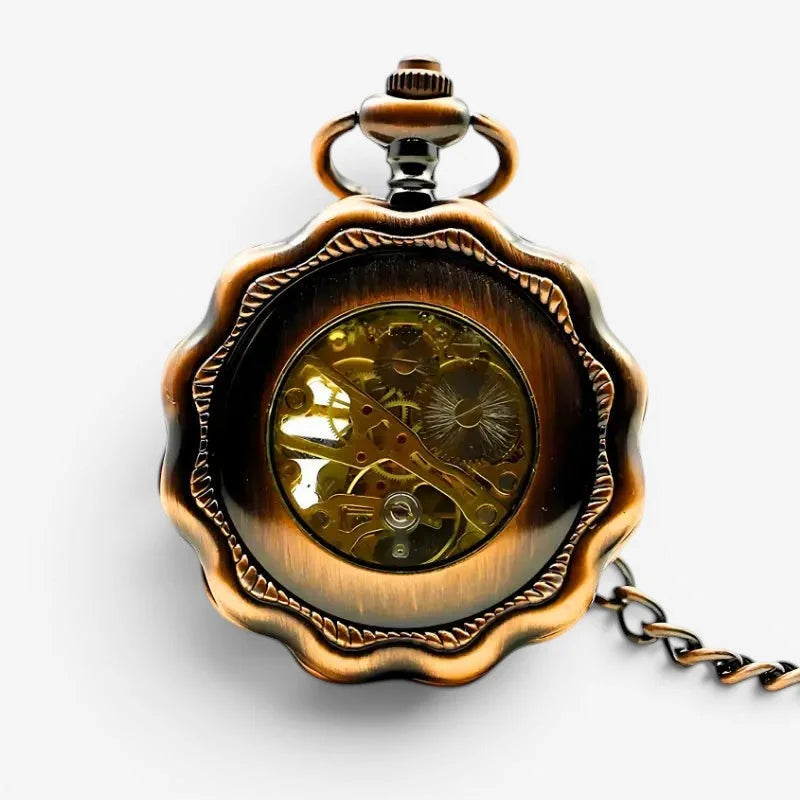 Mechanical steampunk pocket watch in antique-style brass with visible golden gears and ornate scalloped edges