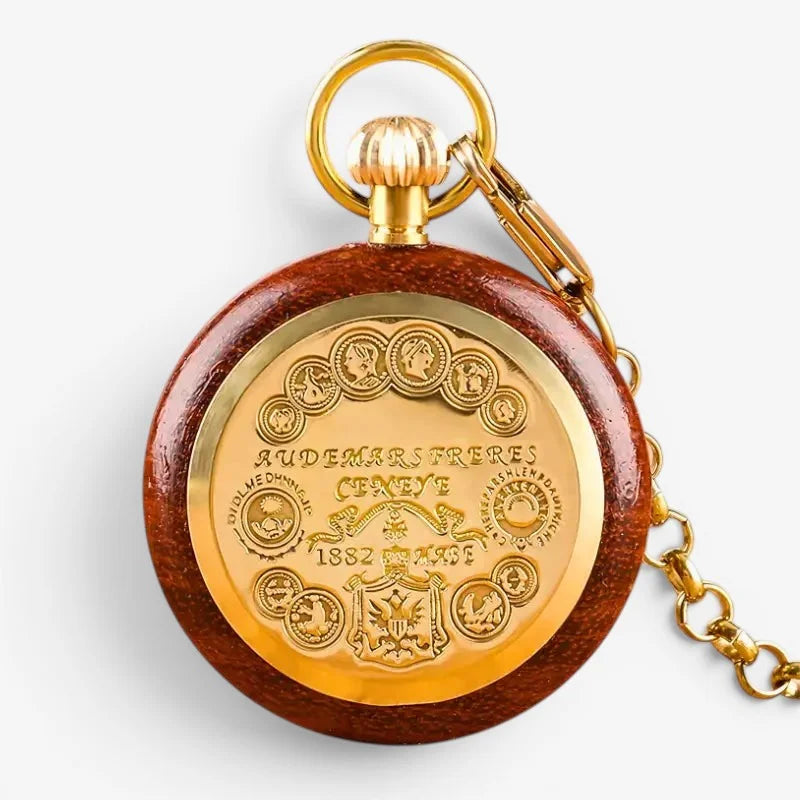 Audemars Piguet mechanical wooden pocket watch with rich brown casing and gold-plated engravings featuring 1832 crest