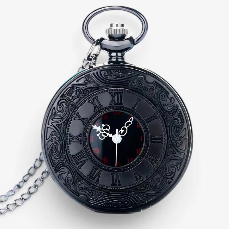Mens antique pocket watch in black ornate design with roman numerals silver hands and wearing chain