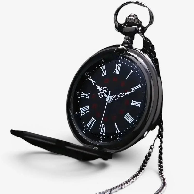 Mens antique pocket watch black with roman numeral hour markers and silver-toned chain for classic style