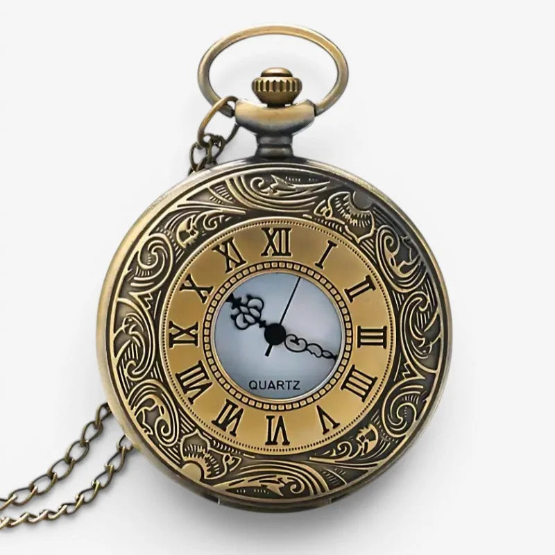 Mens antique pocket watch with brass finish ornate scrollwork roman numerals and quartz movement