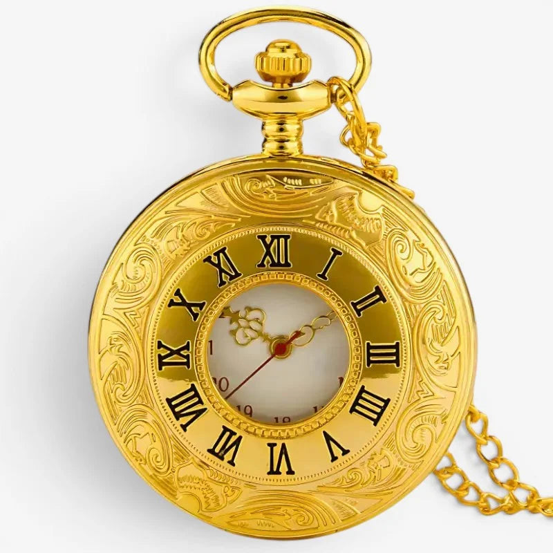 Mens antique pocket watch in gold with ornate design roman numerals and delicate chain for classic style