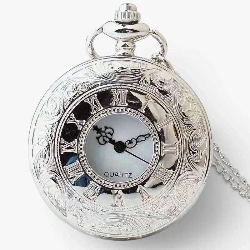 Mens antique pocket watch in silver with ornate engraved patterns roman numerals and quartz movement