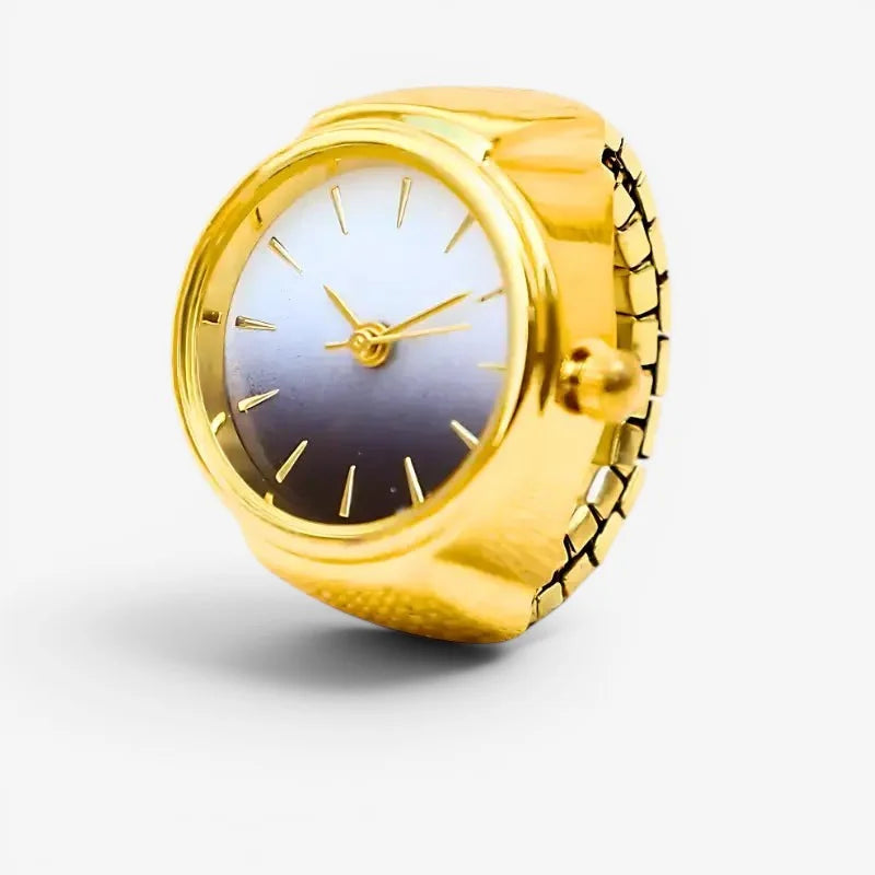 Mens gold ring watch with gold-toned band and gradient dial transitioning from white to dark blue with slender gold hands