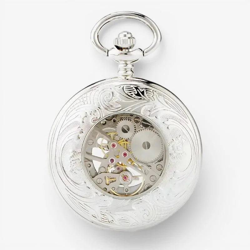 Mens mechanical pocket watch silver with intricate engraved floral patterns and visible gold and red mechanical movement