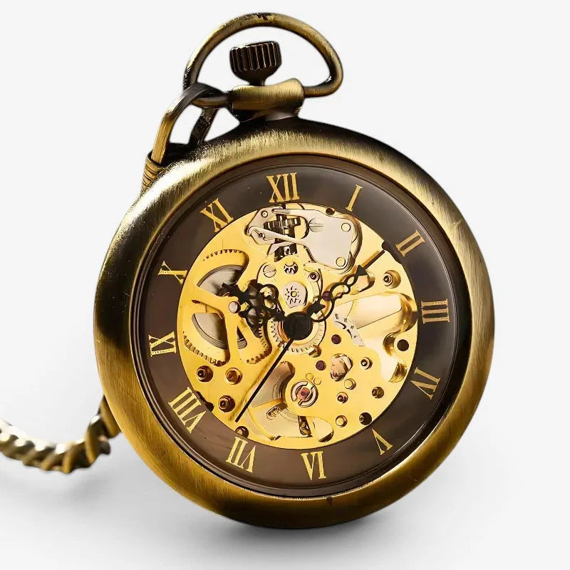 Mens modern pocket watch with antique brass finish, exposed golden gears, and roman numeral markings