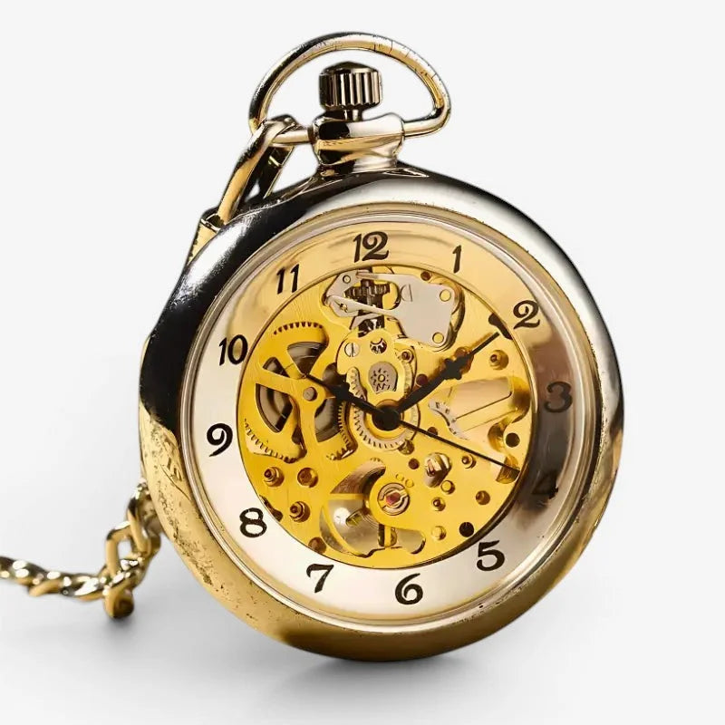 Mens modern pocket watch with exposed mechanical gears black numerals polished brass casing and attached chain