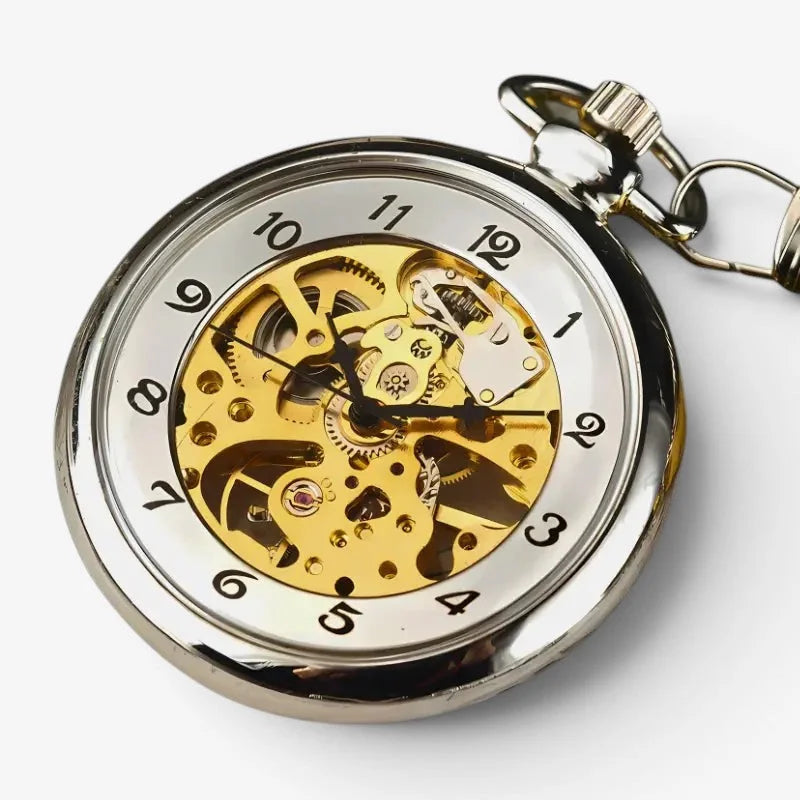 Mens modern pocket watch silver-toned with visible golden mechanical movement and black arabic numerals on face