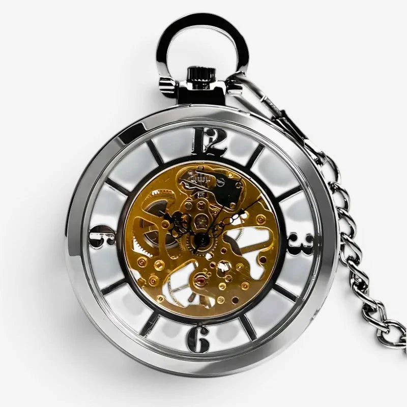 Mens modern skeleton pocket watch with silver-toned case, visible golden gears, black roman numerals, and attached chain