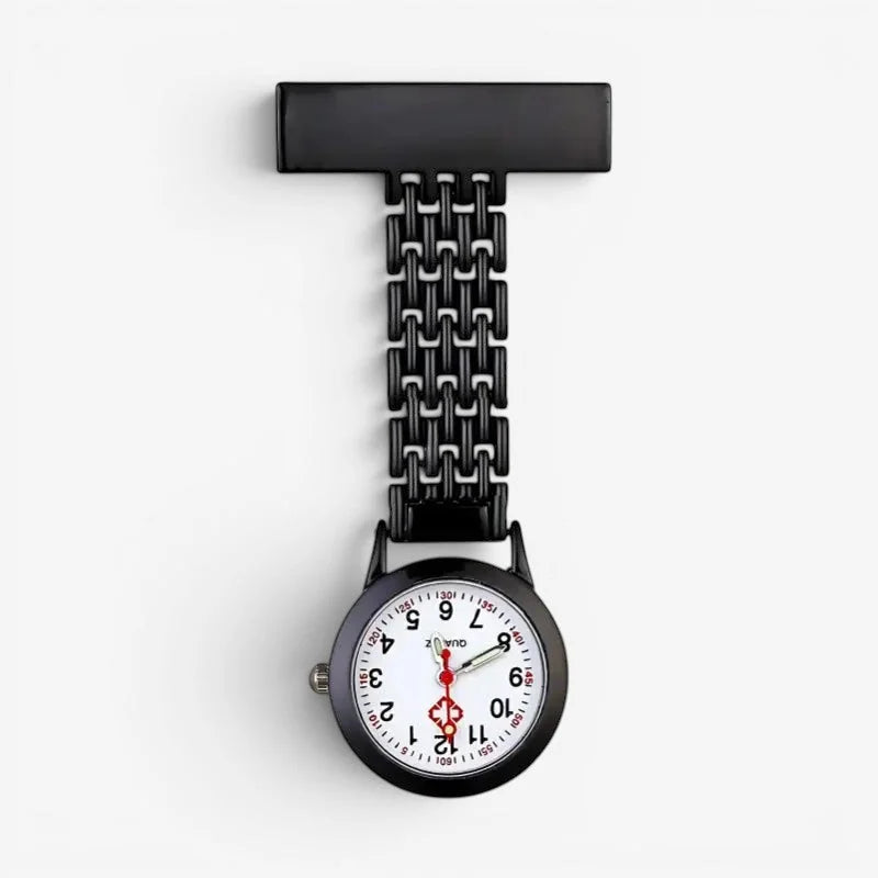 Mens nurse watch black metal case with white face and red hands and numerals for easy reading