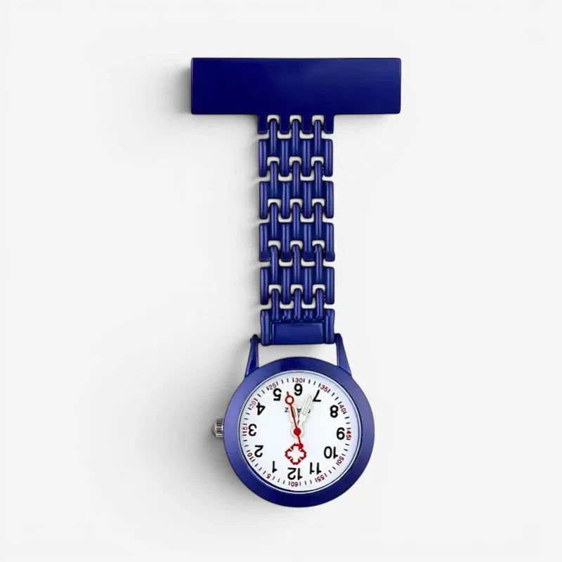 Mens nurse watch with blue case white face red hands numerals and matching chain strap for easy wearing