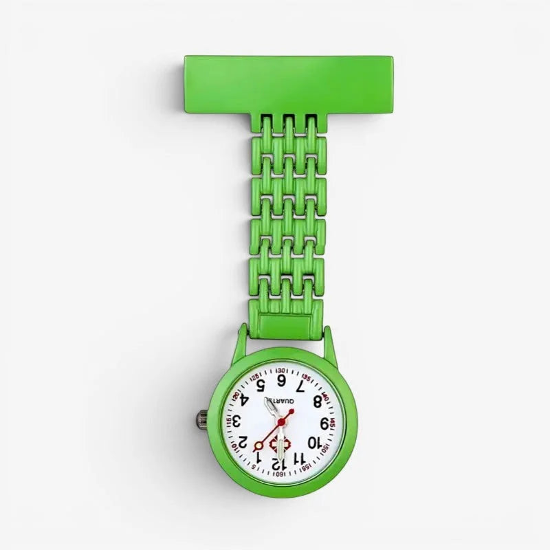 Bright green mens nurse watch with t-shaped clip white face black numerals and red hands for easy time reading