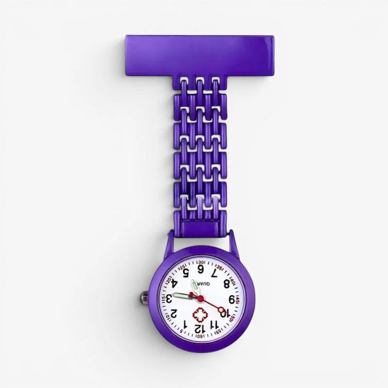 Mens nurse watch featuring a purple metallic pin with a white face, black numerals, and red hands