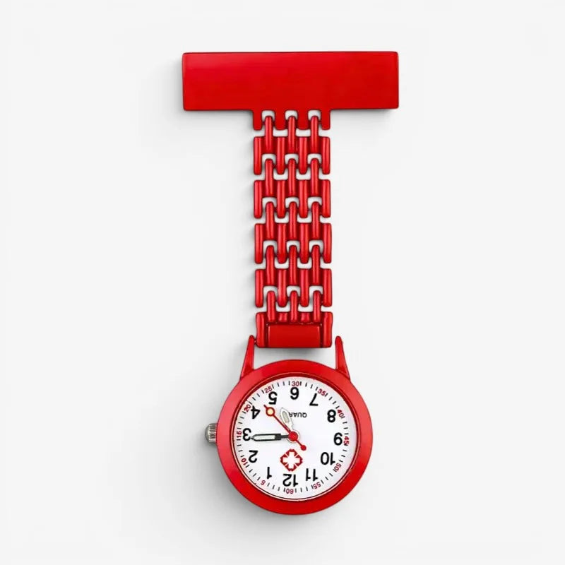 Mens nurse watch in red with white face black numerals red hands and matching t-shaped clip and chain