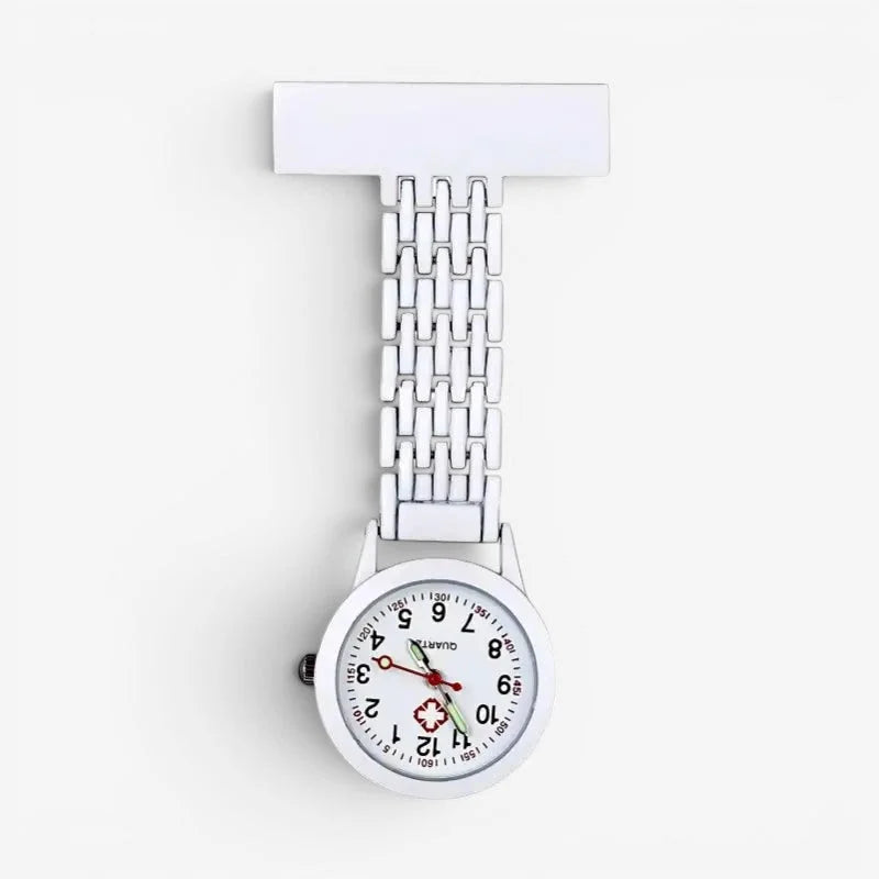 Mens nurse watch white metal with t-shaped clip circular face black numerals red hands and medical cross emblem