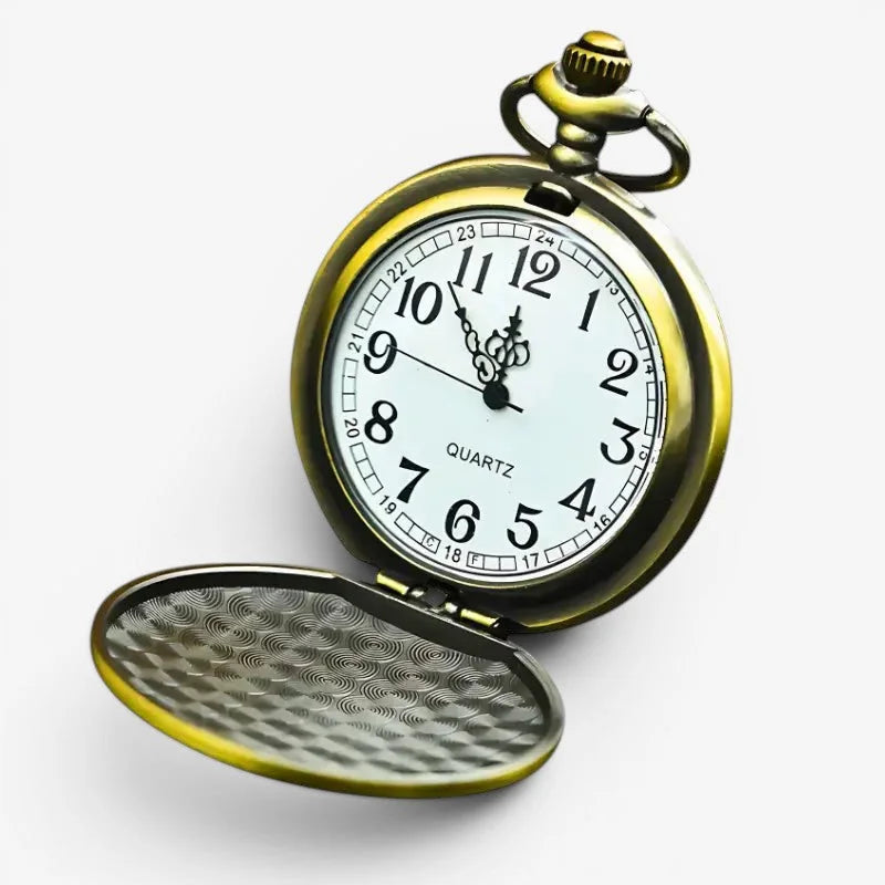 Mens original quartz pocket watch with antique brass finish white dial black arabic numerals and ornate hands