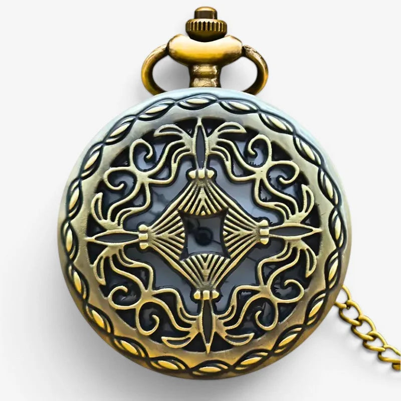 Mens original quartz pocket watch with antique-style brass casing intricate filigree and dark blue enamel center