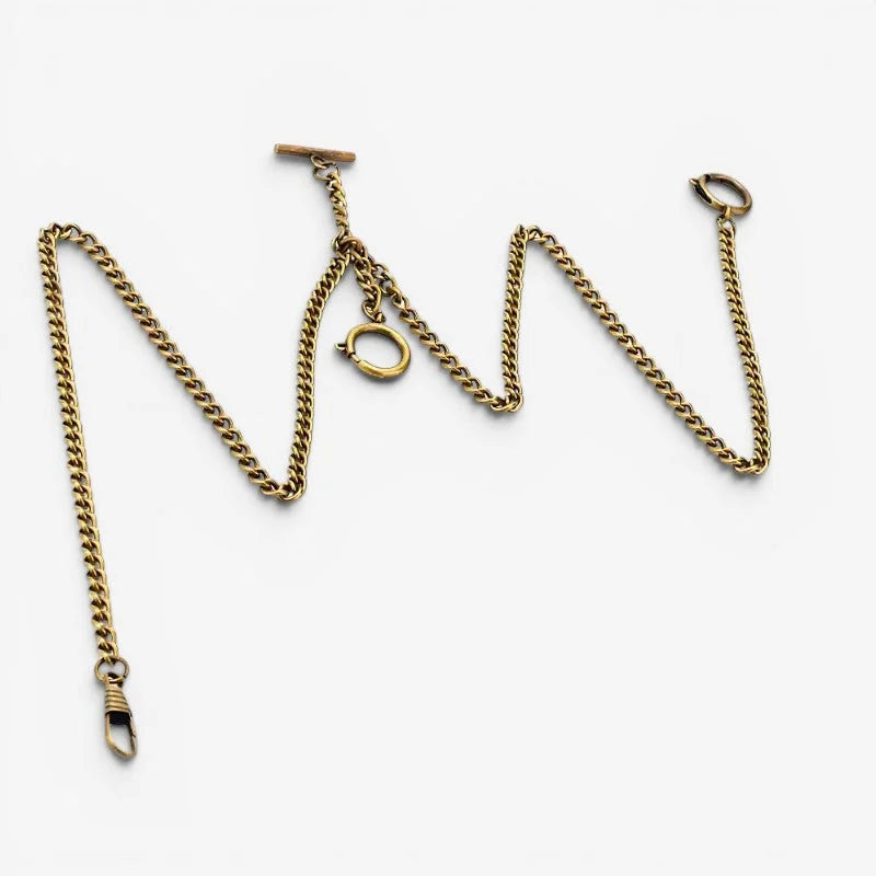 Mens pocket watch chain in gold-toned metal with toggle clasp and small ring for secure attachment