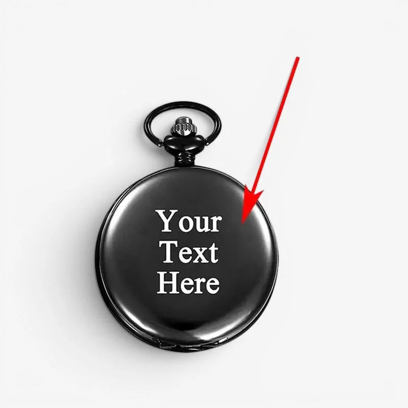 Mens pocket watch in black with a glossy finish and customizable white engraved text on the face