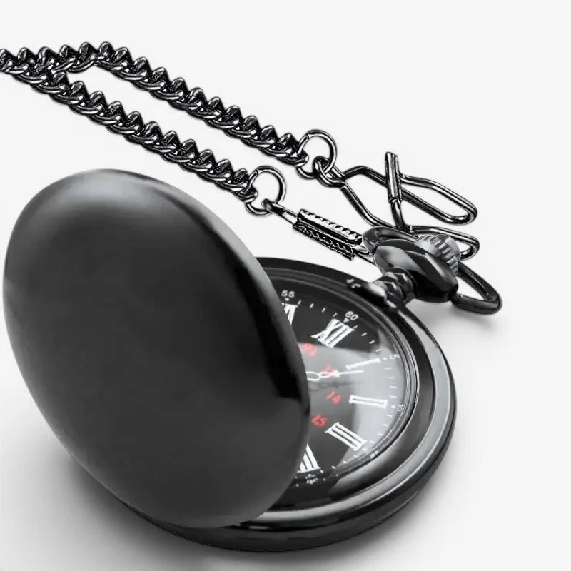 Black engraved mens pocket watch with roman numerals and matching chain for classic timekeeping style