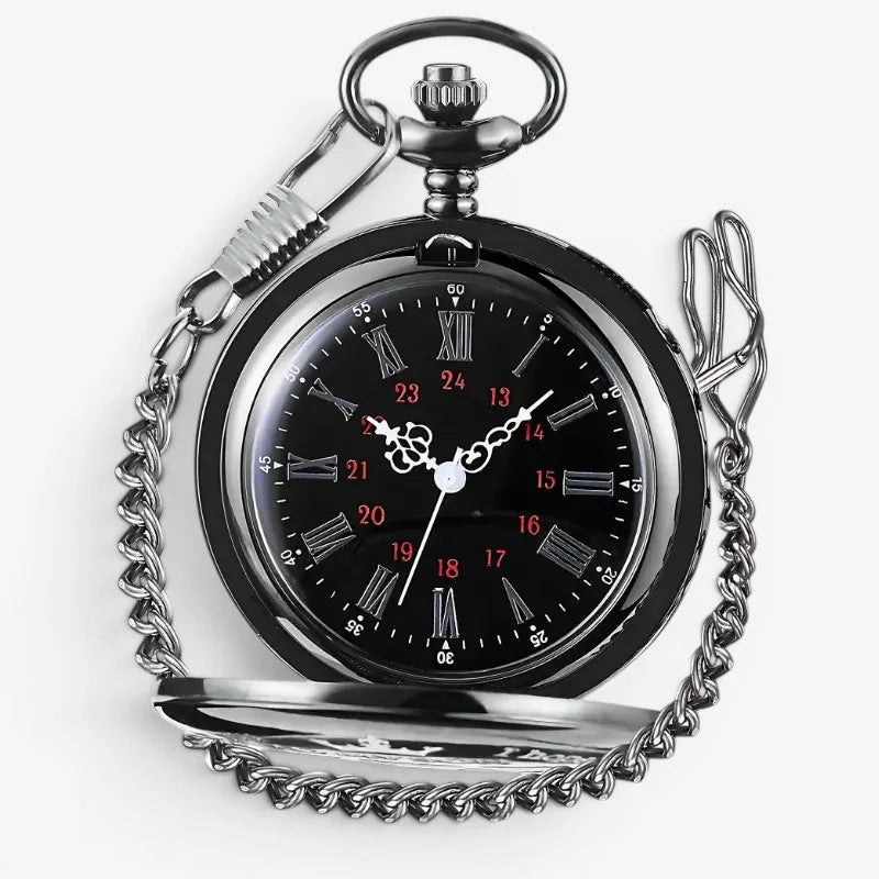Mens pocket watch with black dial, silver-toned metal casing and chain, featuring roman numerals and engraved design
