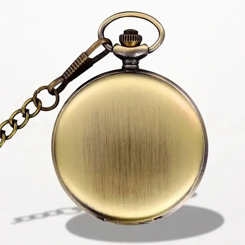 Antique brass-finished mens quartz pocket watch showing brushed metal back with attached chain