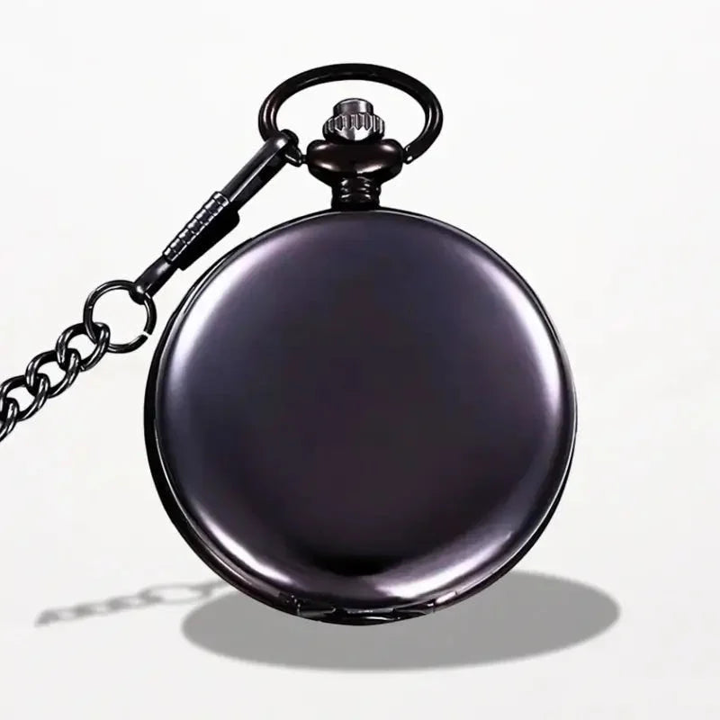 Mens quartz pocket watch with black matte finish, matching chain, and textured winding crown for stylish timekeeping
