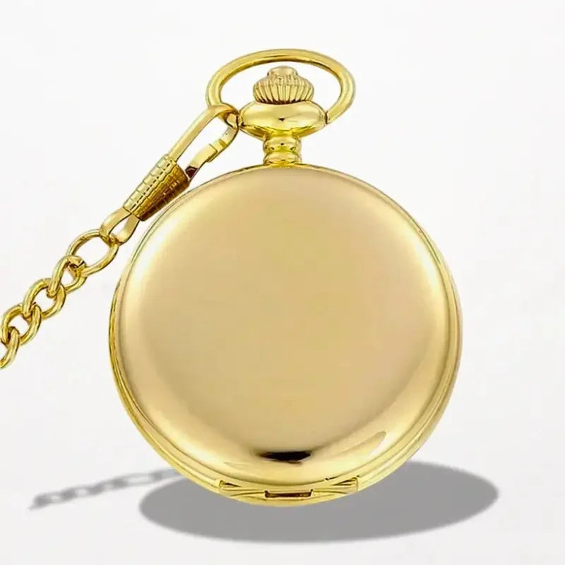 Mens quartz pocket watch with a polished gold round case and attached chain for classic timekeeping style