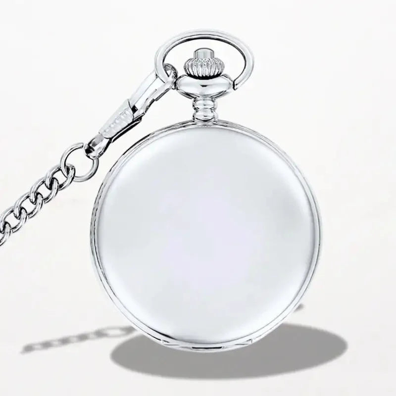 Mens quartz pocket watch with a silver-toned polished metallic finish and an attached chain for easy carrying