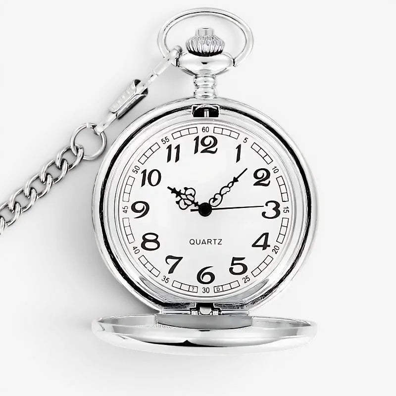 Mens quartz pocket watch with silver-toned case white dial black arabic numerals hands and linked chain