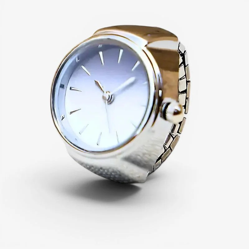 Mens silver ring watch with a sleek two-tone silver and gold metal case and minimalist white dial with stick markers