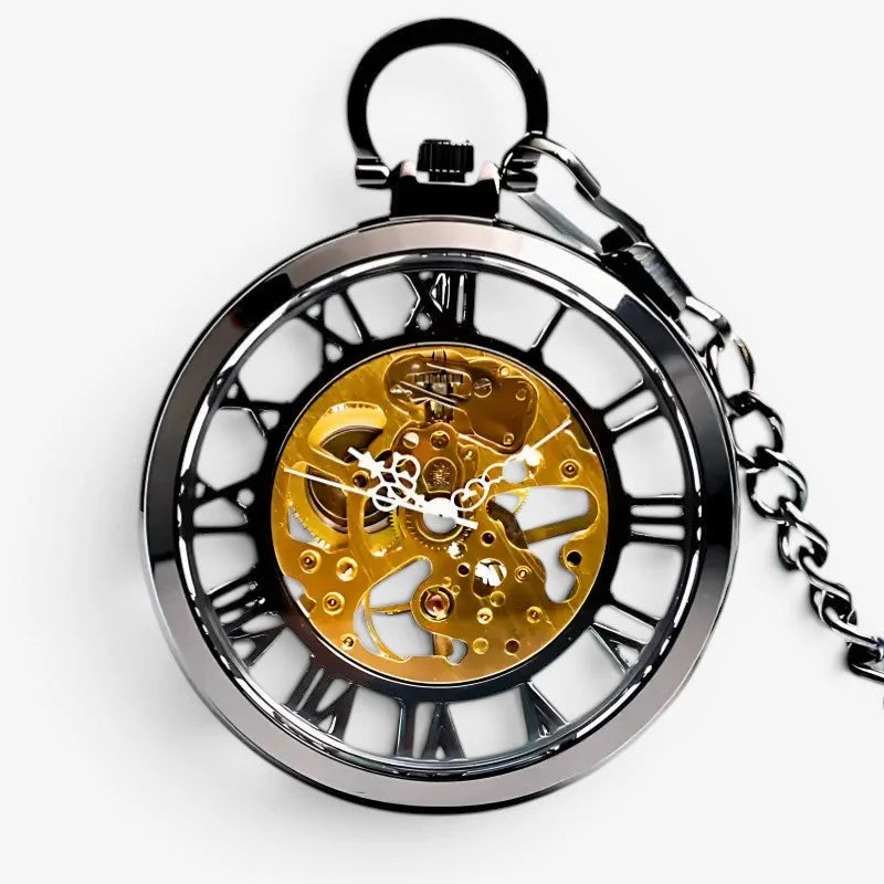 Mens skeleton pocket watch with a sleek black and gold finish featuring roman numerals and visible mechanical movement