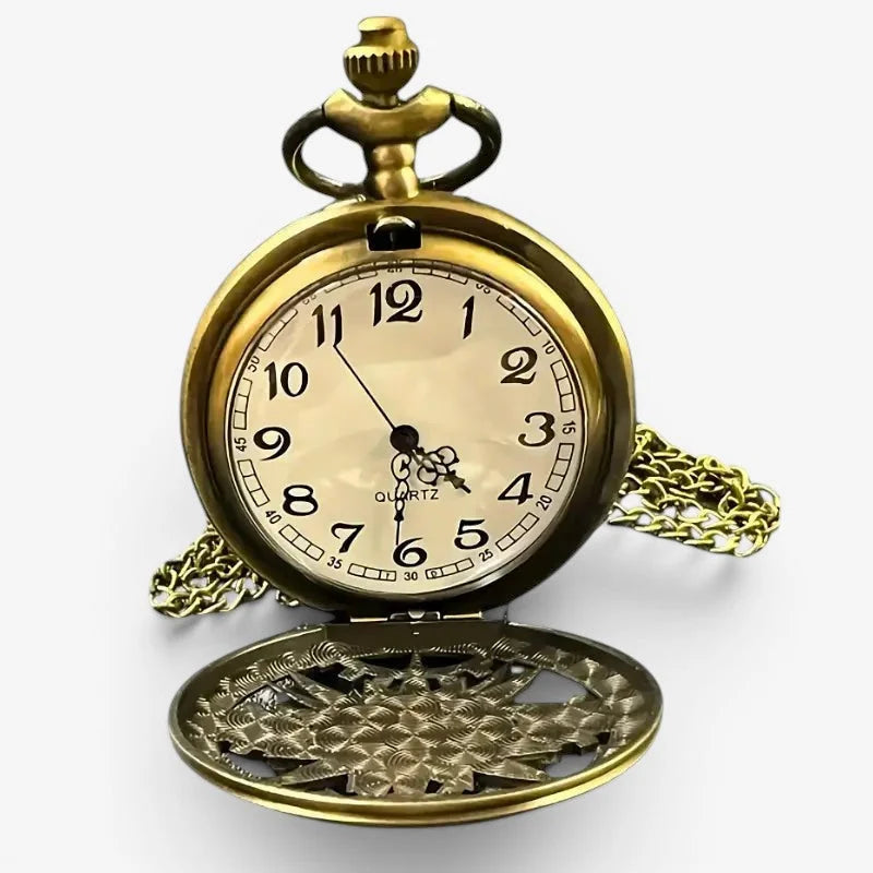 Mens steampunk pocket watch antique brass with cream face black arabic numerals and ornate chain