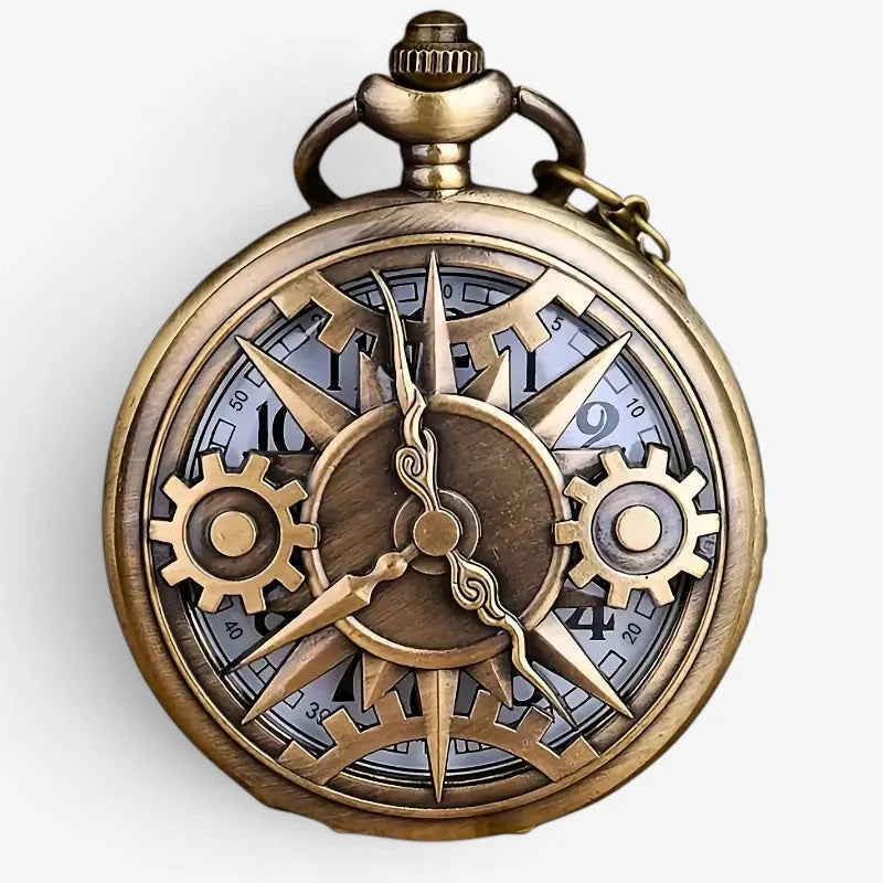 Mens steampunk pocket watch in antique brass featuring intricate gears and a compass rose design on its face