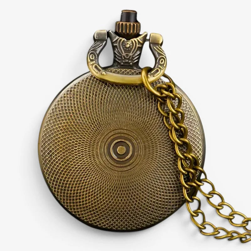 Antique brass-finished mermaid pocket watch with textured circular face and ornate hinged clasp