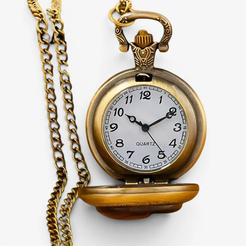 Mermaid pocket watch antique brass finish with white dial black arabic numerals and matching gold-toned chain