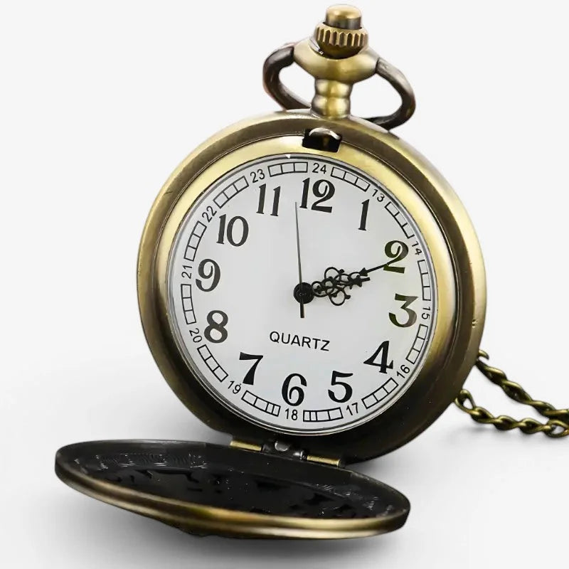 Antique brass-finished Mickey pocket watch with white dial black arabic numerals and quartz movement