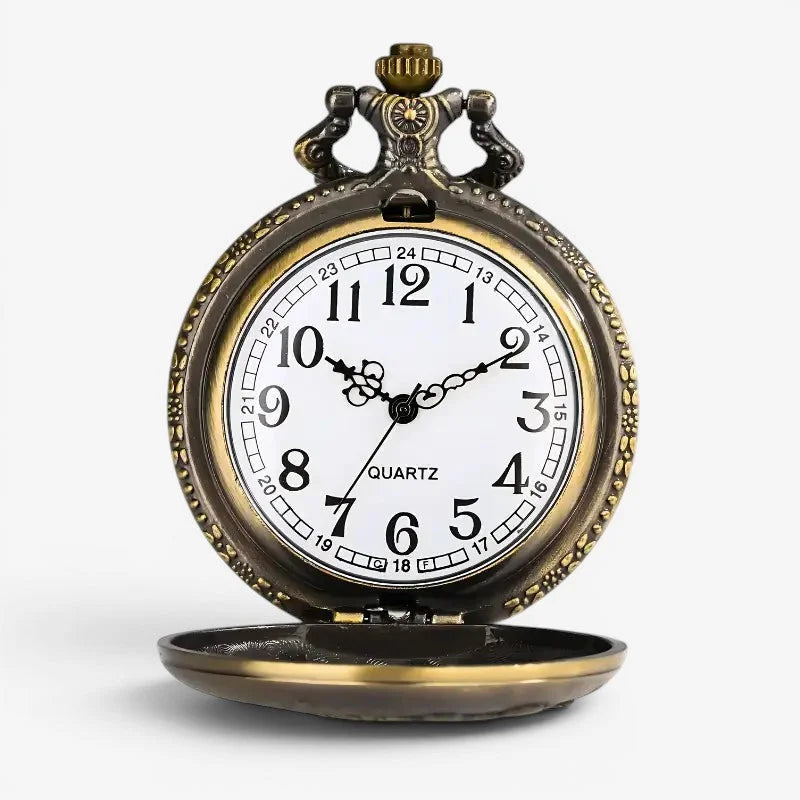 Antique brass-finished military pocket watch with white face black arabic numerals and ornate case detailing