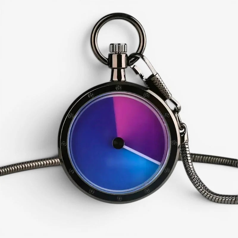 A sleek black minimalist pocket watch with a vibrant blue to magenta gradient face and a metallic chain and clasp