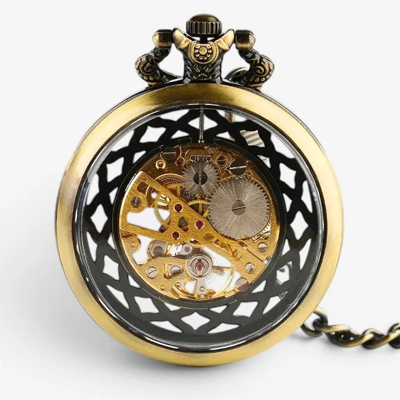 Antique brass-finished modern skeleton pocket watch with exposed intricate gearwork and decorative filigree backplate
