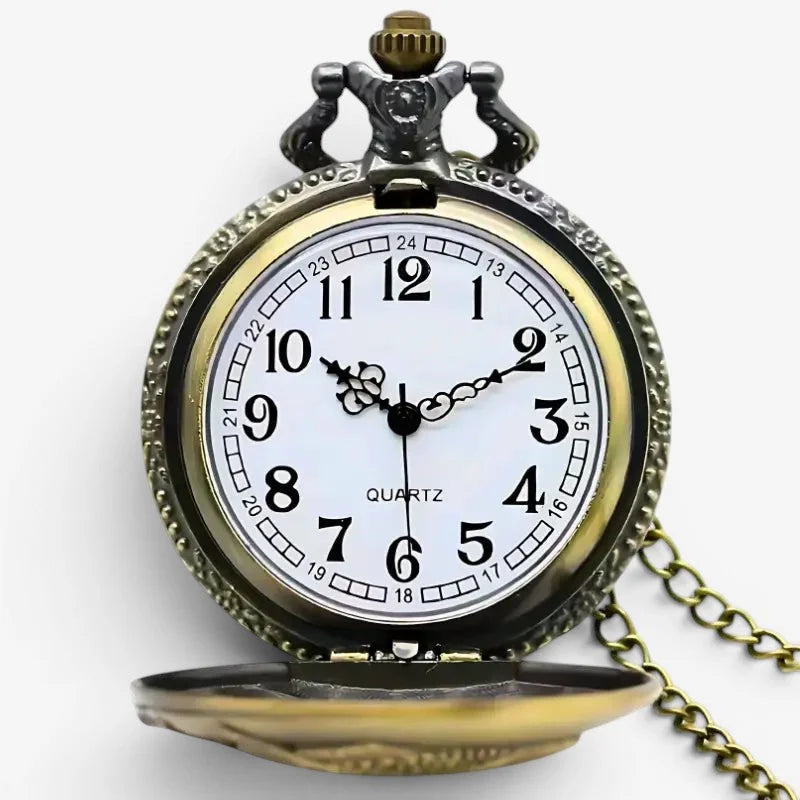 Antique style mom pocket watch with white face black numerals brass body and ornate silver toned case
