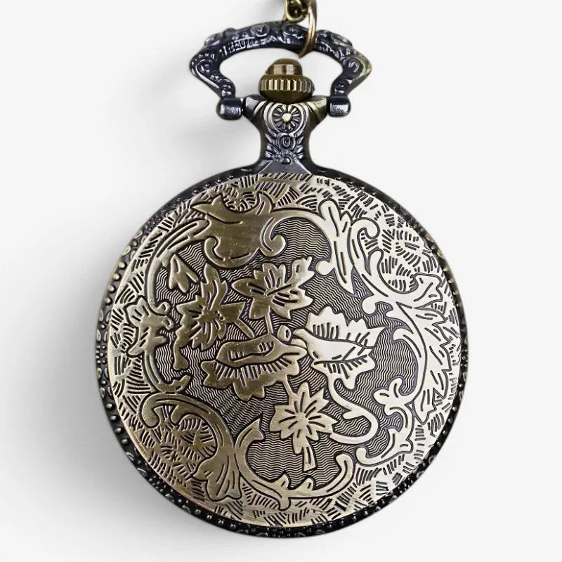 Antique-style brass motorcycle engraved pocket watch with intricate floral engravings and ornate bail detail
