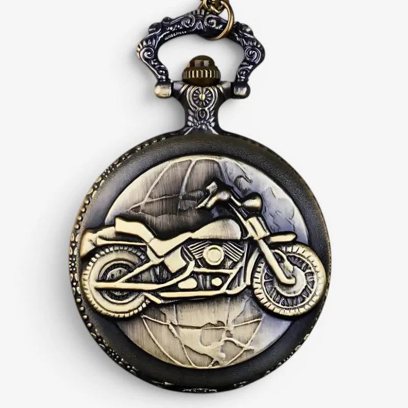 Antique-style brass motorcycle engraved pocket watch with ornate black and gold detailing for vintage collectors